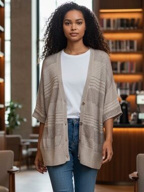 Madison Taupe & Cream Metallic Striped Knit Button-Front Cardigan